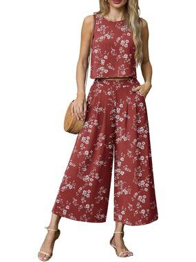 Women's White Blossom Summer 2 Piece Outfits Sleeveless Crop Top Flowy Wide Leg